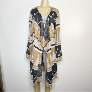 Long Tribal Print Waterfall Cardigan with Hood